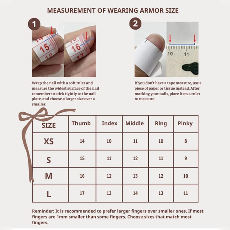 Puede incluir: Una gu&iacute;a para medir el tama&ntilde;o de las u&ntilde;as, con una tabla que muestra las tallas XS a L y las medidas correspondientes de pulgar, &iacute;ndice, medio, anular y me&ntilde;ique. Incluye instrucciones para medir el ancho de la u&ntilde;a.