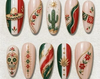 Mexico World Cup Press On Nails, Mexican Flag Football Fan Nails, Soccer Game Day Handmade Reusable Nail Set