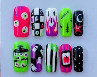 Spooky Halloween Press On Nails | Neon Ghost Eyeball Slime Stitched 3D Nail Art | Creepy Cute Y2K Gothic Fake Nails