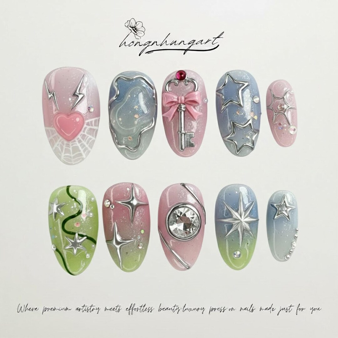 Handmade Y2K Press on Nails, 3D Silver Star, Pink Blue Key Design - Etsy