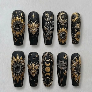 Hand-Painted 3D Goth Press On Nails | Dark Cottagecore Witchy Sun & Moon | Matte Black Gold Celestial Bee Luxury Fake Nails
