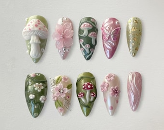 Handmade 3D Mushroom & Flower Press On Nails, Forest Green Cottagecore Nail Art