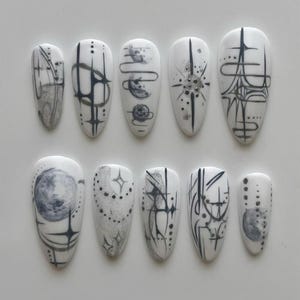 Handmade Cosmic Galaxy Press On Nails | Black White Moon, Stars & Planet Abstract Art | Long Almond Nails For Futuristic Space Vibe
