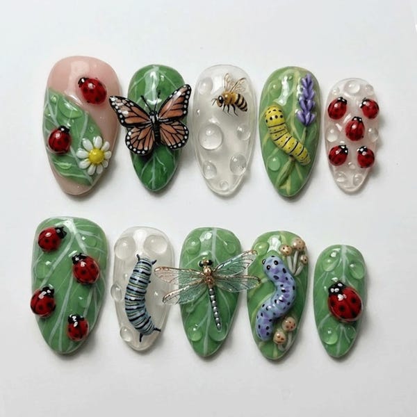 Handmade Garden Insects Press On Nails | 3D Butterfly, Ladybug, Bee & Caterpillar Art | Realistic Nature Nail For Cottagecore Aesthetic Vibe