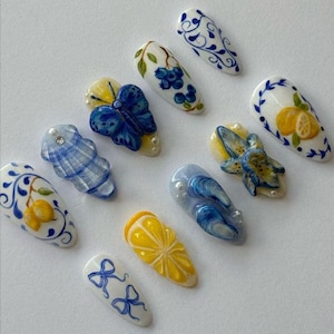 Lemon Tile Press On Nails – Blue Floral & Citrus Design, Mediterranean-Inspired Handmade Nail Set, Reusable Summer Gift for Her