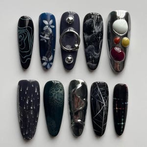 Handmade Gothic Cosmic Press On Nails | 3D Metal Orbs, Galaxy Planets & Abstract Space Art In Black Silver | Long Nails For Futuristic Vibe