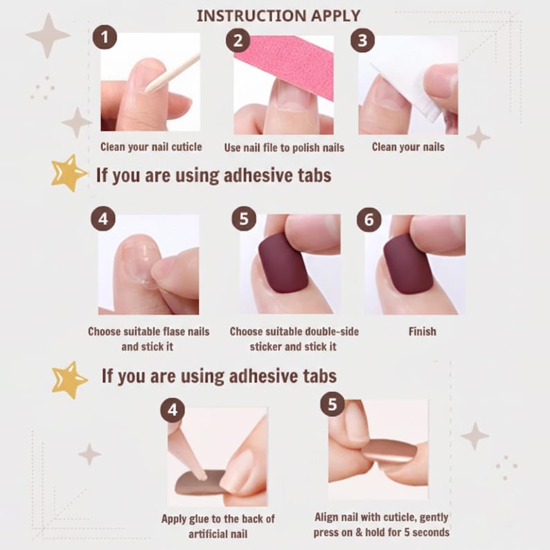 Puede incluir: Instrucciones ilustradas para aplicar u&ntilde;as postizas. La imagen muestra una secuencia de pasos numerados, incluyendo la limpieza de cut&iacute;culas, limado de u&ntilde;as y aplicaci&oacute;n de pesta&ntilde;as adhesivas o pegamento. Cada paso est&aacute; acompa&ntilde;ado de una imagen.