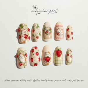 Strawberry Cat Press On Nails, Kawaii Kitten, Cottagecore Style