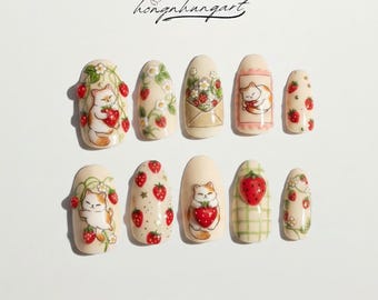 Strawberry Cat Press On Nails, Kawaii Kitten, Cottagecore Style