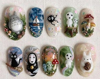 Handgefertigtes Studio Ghibli Press on Nails | 3D Totoro Kein Gesicht Kunst | Skurril Waldästhetik Cottagecore Chihiros Reise ins Zauberland