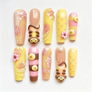 Handmade Kawaii 3D Monkey Press On Nails: Banana Polka Nail Art