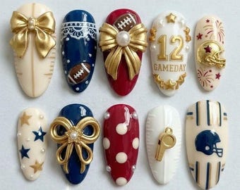 Football Game Day Press On Nails | American Football 3D Bow Helmet Whistle Nail Art | Red White Blue Coquette Sporty Nails