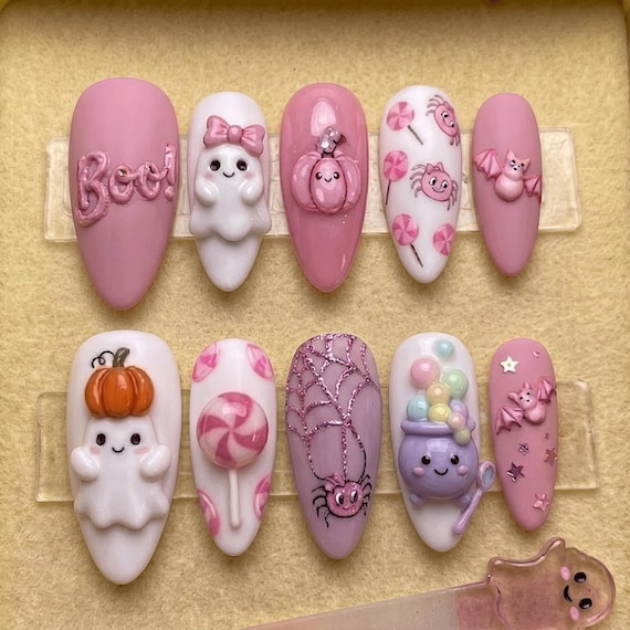 Pastel Halloween Press On Nails | Pink Ghost, Candy Spider & Kawaii Pumpkin Art | Handmade Luxury Nail Set