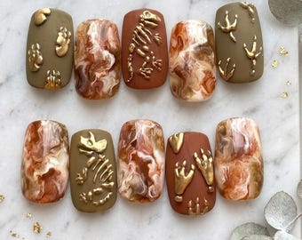 Brown Fall Press On Nails | Gothic Tortoiseshell Marble 3D Gold Skeleton Nail Art | Dark Autumn Handmade Fake Nails