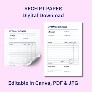 Editable Receipt Template, Receipt Template For Small Business, Printable Receipt Template,Digital Invoice Template, Custom Business Receipt