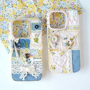 Coque de portable brodée Cottagecore, coque de portable brodée florale cousue à la main, coque de portable romantique vintage, coque de portable en tissu patchwork