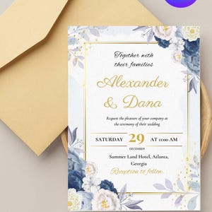 Blue Wedding Invitation Template | Royal Wedding Invite | Editable Modern Wedding Invite Download
