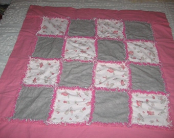 Pink and Gray Flannel Rag Quilt with Squirrels, Fawns and Owls