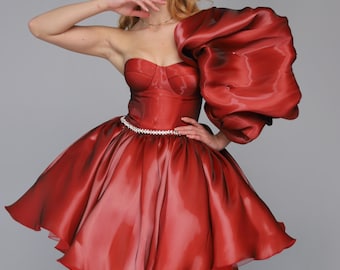 Rode feestjurk met bubbelrok, formele mini-jurk voor verjaardag, schoolbal en evenementen