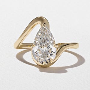 Teardrop Ring, 2 Carat D VS2 Pear Lab Grown Diamond Engagement Ring, Solitaire Bypass Shank Ring, Lab Created Diamond Wedding Ring For Her