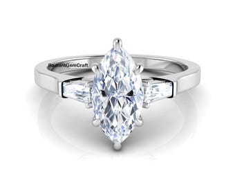 Three Stone Lab Grown Diamond Ring, 1 Carat E VS2 Marquise Lab Diamond Ring, Lab Created Diamond Anniversary Gift Ring,14k Gold Trilogy Ring