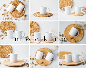Boho Kaffeebecher Mockup Bundle | Minimalistische weiße Tasse (JPG Digital Download)