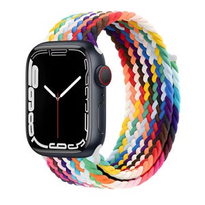 May include: A black Apple Watch Series 8 with a rainbow braided solo loop band. The watch face displays a black background with white numbers and a red second hand.