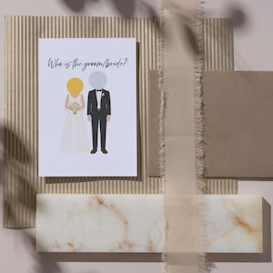 May include: A wedding invitation card with the text "Who is the groom/bride?" features illustrations of a bride and groom. The card is on a textured background with a ribbon, a brown envelope, and a marble-like tile.