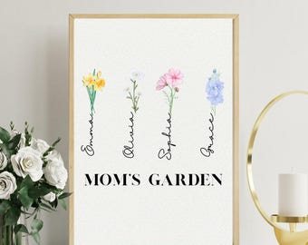 Custom Birth Flower Garden for Mom or Grandma – Personalized Family Name Digital Print, Mother's Day Gift, Printable Wall Art