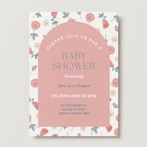 Baby-Taufeinladungsvorlage - Bearbeitbare Mädchentaufeinladung mit rosa Rosendesign - Druckbarer digitaler Download
