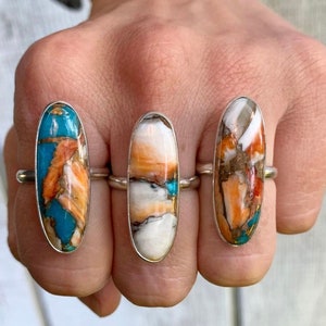 Long Oval Spiny Oyster Copper Turquoise Sterling Silver Ring | Multi Colored Turquoise Ring | Boho | Gifts for Her | December Birthstone