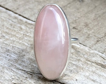 Elongated Oval Gemstone Ring | Oval Rose Quartz Silver Ring | Statement Ring | Boho | Rocker | Made to Order | Oval Ring | Quartz Ring