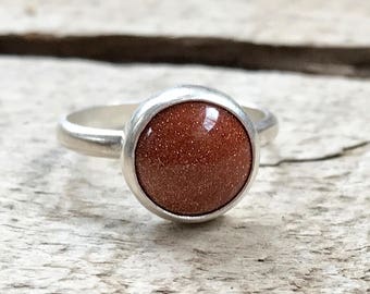 Elegant Round Brown Goldstone Sterling Silver Statement Ring | Boho | Sparkly Gemstone Ring | Gifts for Her | Solitaire Silver Ring