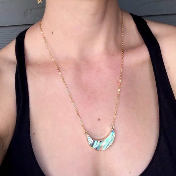 Gold Dipped Half Moon Crescent Abalone Shell Necklace | Beachy | Boho | Gold Necklace | Crescent Necklace | Half Moon Crescent Necklace
