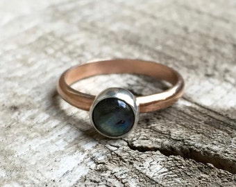 Elegant Romantic Flashy Labradorite Sterling Silver and Rose Gold Filled Ring