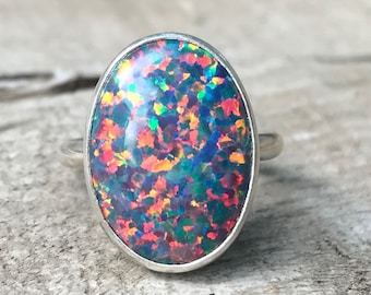 Simulated Large Oval Mexican Fire Opal Sterling Silver Ring | Opal Ring |October Birthstone | Valentine's Day | Gifts for Her | Boho