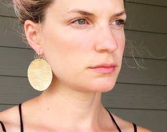 Large Geometric Circle Hammered Texture Gold Brass Statement Earrings | Statement Earrings | Gold Earrings | Boho | Rocker