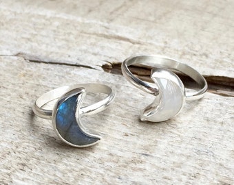 Elegant Boho Chic Half Moon Crescent Labradorite or Moonstone Sterling Silver Ring | Moon Ring | Moonstone Ring | Celestial Jewelry