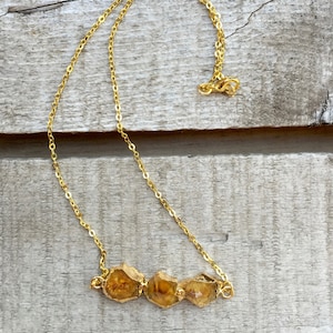 Horizontal Rough Crystal Point Golden Yellow Citrine Gold Plated Necklace | November Birthstone Necklace | Boho | Citrine Necklace