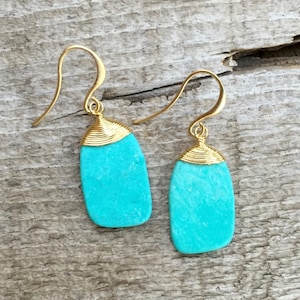 Gold Wire Wrapped Blue Turquoise Dangle Drop Boho Chic Earrings Turquoise Earrings Turquoise Chip Earrings Gold Statement Earrings image 1