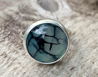 Elegant Round Blue and Black Dragon Agate Sterling Silver Ring | Boho | Blue and Black Veined Agate Ring