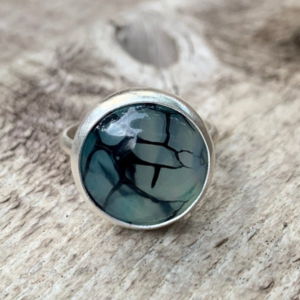 Elegant Round Blue and Black Dragon Agate Sterling Silver Ring | Boho | Blue and Black Veined Agate Ring