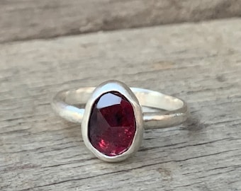 Dainty Solitaire Faceted Red Garnet Sterling Silver Ring | Engagement Ring | Gifts for Her | Little Red Stone Ring | Birthstone Jewelry