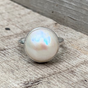 Large Elegant White Cream Luminescent Mabe South Sea AAA Pearl  Sterling Silver Ring | Mermaid Jewelry | Boho | June Birthstone