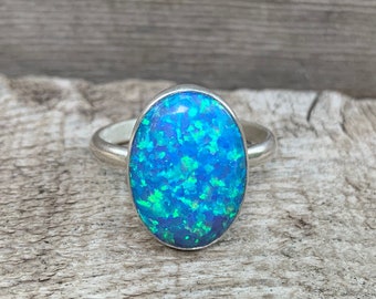 Simulated Large Oval Blue Opal Sterling Silver Ring | Opal Ring |October Birthstone | Valentine's Day | Gifts for Her | Boho