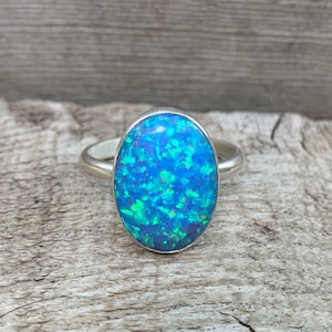 Simulated Large Oval Blue Opal Sterling Silver Ring | Opal Ring |October Birthstone | Valentine&#39;s Day | Gifts for Her | Boho