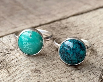 Minimalist Round Natural Tibetan Turquoise Sterling Silver Solitaire Ring | Turquoise Ring | Boho | Rocker | December Birthstone Ring