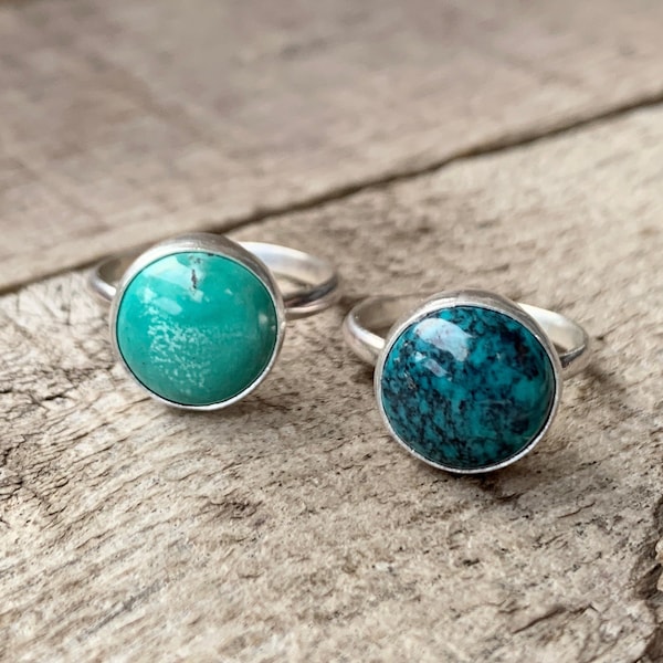 Minimalist Round Natural Tibetan Turquoise Sterling Silver Solitaire Ring | Turquoise Ring | Boho | Rocker | December Birthstone Ring