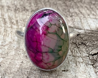 Small Purple Pink Green Veined Oval Dragon Agate Sterling Silver Ring | Agate Ring | Choose Your Gemstone | Boho | One of a Kind Jewelry
