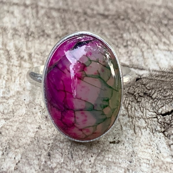 Small Purple Pink Green Veined Oval Dragon Agate Sterling Silver Ring | Agate Ring | Choose Your Gemstone | Boho | One of a Kind Jewelry